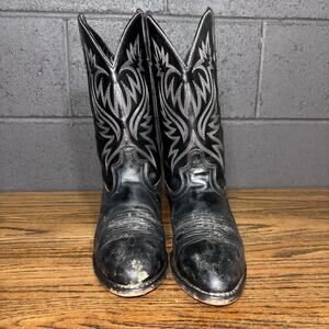 Laredo Men’s 11D Black Leather Western Cowboy Boots Silver Embroidery
